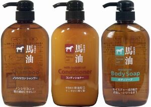 馬油シャンプー ＆ 馬油コンディショナー＆ 馬油ボディーソープ　各600ml　各1本　髪、お肌と同じ弱酸性で、お肌、髪と頭皮にやさしい！