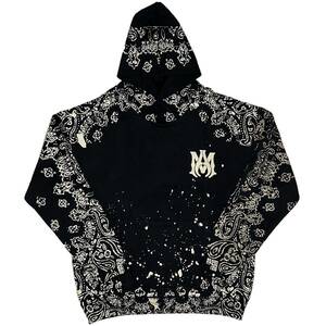 [並行輸入品] AMIRI アミリ BANDANA BLEACH ALL OVER HOODIE バンダナ柄 ブリーチ プルオーバーパーカー (ブラック) (XL)