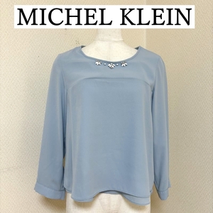 MICHEL KLEIN（ミッシェルクラン）ビジュー付き　ジョーゼットブラウス　ブルー　38号