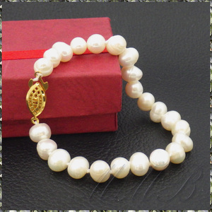 [BRACELET] Natural White Freshwater Culltured Noble Pearl 8mm ホワイト ライス パール ゴールド マーキース 金具 ブレスレット 195mm