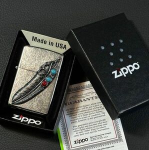 ★USA直輸入 ZIPPO フェザー 羽 ターコイズ インディアン ネイティブ アメリカン イーグル 鷹 メタル貼り ライター ジッポー 喫煙具 bv843