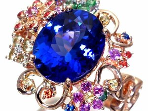 【ジュエリー極】極上品！大粒極上天然タンザナイト4.86ct＆天然マルチカラー宝石＆ダイヤ0.03ct 超高級K18PGリング k7285iul【送料無料】