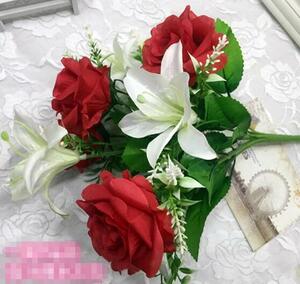 ★ハンドメイド★ゆり 薔薇の造花アレンジ★花束２点セット★インテリア小物★赤い★花器なし