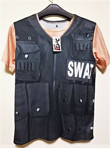 送料210円~ 新品 警察 SWAT スワット フェイク プリント 半袖 Tシャツ フリー Lサイズ相当 タクティカルベスト コスプレ メンズ レディース