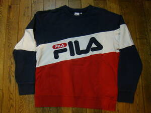 90s FILA スウェット トレーナー L ネイビー レッド ホワイト ビッグロゴ 刺繍 オールド フィラ スポーツ