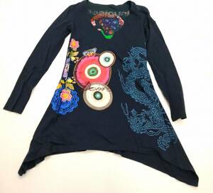 中古 Desigual デシグアル 長袖 　チュニックワンピ　ネイビー系 ドラゴン 　S　ロゴ刺繍