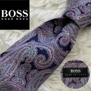 【極美品】BOSS HUGO BOSS ヒューゴボス ネクタイ ペイズリー 総柄 パープル イタリア製 シルク100% 国内正規品 使用感少ない パーティー