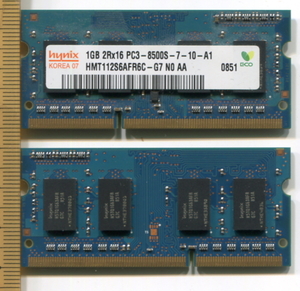 【hynix】1GB-2Rx16 PC3-8500S SDRAM SO-DIMM (2枚組・計２GB）