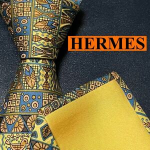 完売品 HERMES エルメス 美品 ネクタイ シルク ファソネH H柄 H織 刺繍 ジャガード ビジネス メンズ 通勤 イエロー 黄色 遺跡