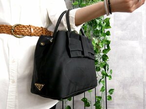 超美品●PRADA プラダ●ジャガードロゴ●リボンモチーフ●ポコノ ナイロン カーフ レザー 本革●トート ハンド バッグ●黒●G金具●Js45815