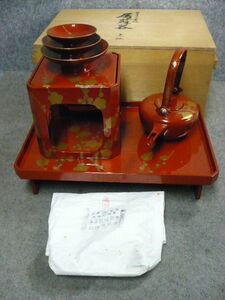 【政】31087 輪島朱塗蒔絵屠蘇器揃 木製 共箱 正月用品 おもち 元旦