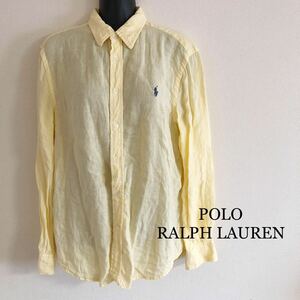 POLO RALPH LAUREN＊RELAXED FIT /ポロ ラルフローレン レディースM リネンシャツ 長袖シャツ トップス イエロー ポニー刺繍 麻100% 古着