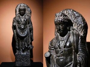 ■観心・時代旧蔵■C3893クシャーン朝時代 仏教古美術・ 時代古仏 ガンダーラ石仏 灰色片岩石彫 ガンダーラ