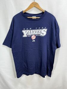 ■ 00s Majestic MLB ニューヨーク ヤンキース ロゴイラスト 半袖 Tシャツ 古着 サイズXL ネイビー アメカジ スポーツ 野球 Yankees ■