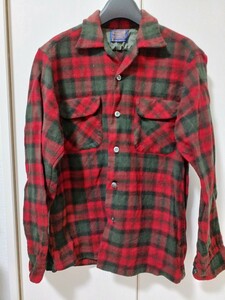 PENDLETON ウールシャツ Mサイズ オープンカラー レッド×ダークグリーン 60s 1960年代 ネルシャツ ヴィンテージ 古着