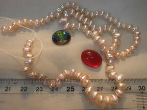 69-1淡水真珠本物パール連材1本B品とオールドグラスパーツビンテージグラスカボッション等セット②