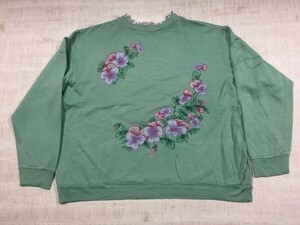 レトロ オールド カントリー フォークロア アメカジ 古着 90s 可愛い お花 刺繍 スウェットトレーナー レディース レイヤード 緑