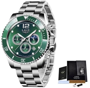 LIGE メンズ 腕時計 高品質 クオーツ カジュアル ビジネス ミリタリー ウォッチ 8924 クロノグラフ 防水 時計 シルバー × グリーン