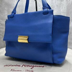 【美品】Salvatore Ferragamo フェラガモ トートバッグ ハンドバッグ レザー 肩掛け A4収納 ブルー 青 メンズ ビジネス 金具