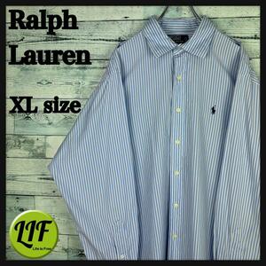 ラルフローレン 刺繍ロゴ 長袖シャツ ストライプ 青白 XL
