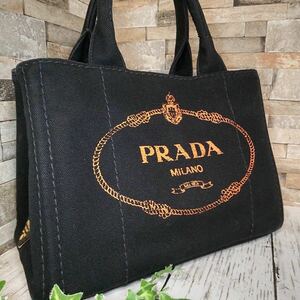 1円 【ほぼ未使用！！】PRADA プラダ カナパ ハンドバッグ トートバッグ ブラック 総柄 キャンバス 1スタ