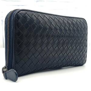 大人気カラー ネイビー●極美品●ボッテガヴェネタ BOTTEGA VENETA 長財布 イントレチャート ラウンドファスナー ジップ メンズ ビジネス