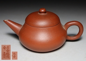 【都涼音】中国古玩　時代孟臣銘　紫砂壺　水平壺　朱泥急須　在銘　煎茶道具