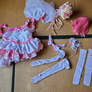 リゼロ ラム ウエディングドレス Mサイズ　一円スタートコスプレ衣裳　(手袋少し汚れています)白とピンク　ブーケ　ピンクウィッグ