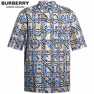 21SS★ BURBERRY バーバリー 半袖シャツ ノバチェック ボタンダウン 総ロゴ プリントロゴ ビッグロゴ 総柄 ベージュ×ブルー