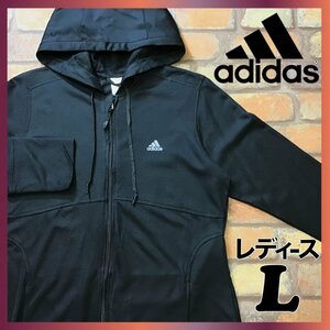 ME5-689★アメリカ買付商品★正規品★【adidas アディダス】薄手 裏起毛 フルジップ パーカー【レディース L程度】黒 スポーツ