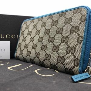 1円【極美品/希少色】GUCCI グッチ 長財布 ラウンドファスナー ウォレット ジップ GG柄 キャンバス レザー ターコイズブルー 青 メンズ