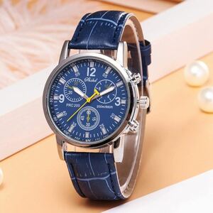 腕時計　時計 アナログ メンズ クォーツ レザー 革　レザーベルト　ファッション時計 オシャレ ウォッチ 男女兼用　ブルー　ステンレス 2