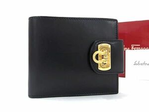 1円 ■美品■ Salvatore Ferragamo フェラガモ 22 2037 ガンチーニ レザー 二つ折り 財布 ウォレット 小銭入れ ブラック系 AY0816