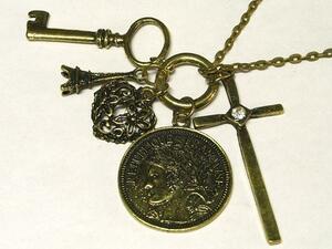 ◇メタルロングネックレス◇ 鍵 メダル 十字架 真鍮古美 08-0899