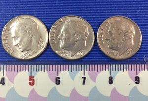 アメリカ旧硬貨　七十年代one dime 3枚。