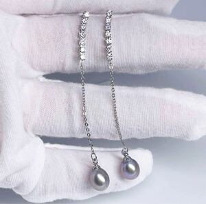 花珠級 本真珠 パールピアス　7mm グレー系 パープルメタリック ダイヤモンド