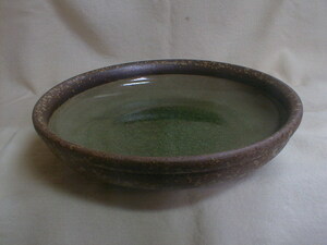 茶斑柄　飴色内釉薬　平水盤　6.5x29.3cm　1585g　本格 華道花器