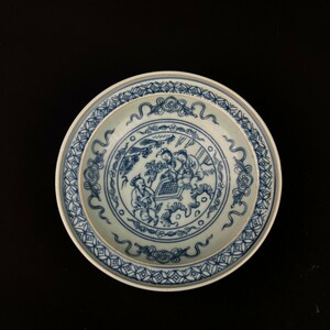 中国古玩 古美術 青花 高足皿 飾皿 染付 時代物 明時代