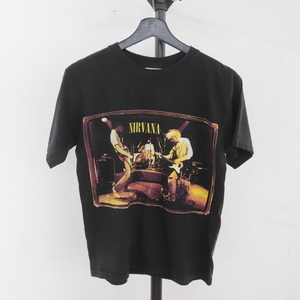 K337 90sビンテージ M&O NIRVANA ニルヴァーナ 半袖プリントTシャツ■1990年代製 表記ボーイズLサイズ 黒 ロック バンド アメカジ 80s 70s