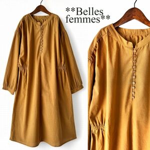 ★Belles*★送料185円★新品★M～L*大人ナチュラル*バンドカラー*コットン100%*ゆったりチュニックワンピース*176567マスタード