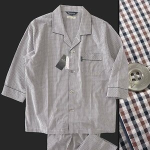 新品 アクアスキュータム シアサッカー セットアップ 8部袖 パジャマ L 白 紺 茶 【J43037】 日本製 Aquascutum LONDON チェック