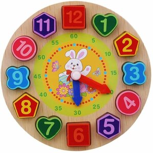 木製玩具 紐通し　時計　積み木 はめ込み 数字認識 動物　キャラクター　早期教育　モンテッソーリ　カラフル 時間勉強　ウサギ