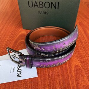 希少 EU製 定価9万◆UABONI*ユアボニ*幻のパティーヌ*ベルト◆手染 ゴールデン 調節可能 本革 レザー カーフスキン ビジネス 紳士用 メンズ