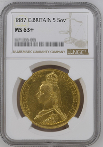 【記念貨幣】1887年イギリスヴィクトリア女王ジュビリーヘッド５ソブリン／５ポンド金貨ゴールドコインNGC MS63+ 高鑑定品★重39.94ｇ Q73