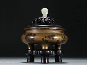 【瓏】古銅鏨刻彫 三足鬲式香薰炉 大明宣徳年製 古置物擺件 銅器 中国古賞物 蔵出