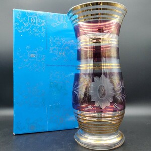 【箱付・保管品】 BOHEMIA GLASS ボヘミアガラス チェコスロバキア 花瓶 カットガラス 金彩 インテリア 雑貨 アンティーク