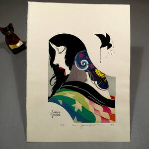 米倉斉加年◆刺青 美人画 木版画作品◆「黒い鳩」◆直筆サイン 