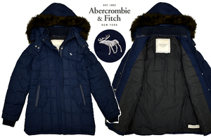 A-4043★ABERCROMBIE & FITCH アバクロンビー&フィッチ★ネイビー紺色 着脱可能なファー付きフーディ ダウン コート ジャケット Ｌ