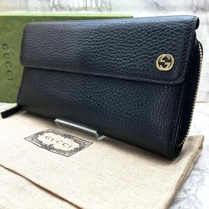 極美品●GUCCI グッチ インターロッキング 長財布 ラウンドファスナー フラップ 大容量 ゴールド金具 メンズ レディース ブラック 黒