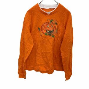 刺繍スウェット L~XLサイズ程度 レイヤードネック オレンジ 古着卸 アメリカ仕入 t2202-3548